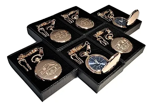 6 custom engraved pocket watches, gift boxes included, Stainless chains, engraving included. Wedding vintage style Groomsmen, best man gift sets (Gold polished)