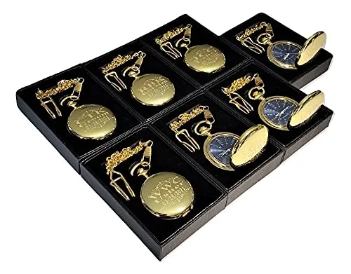 6 custom engraved pocket watches, gift boxes included, Stainless chains, engraving included. Wedding vintage style Groomsmen, best man gift sets (Gold polished)