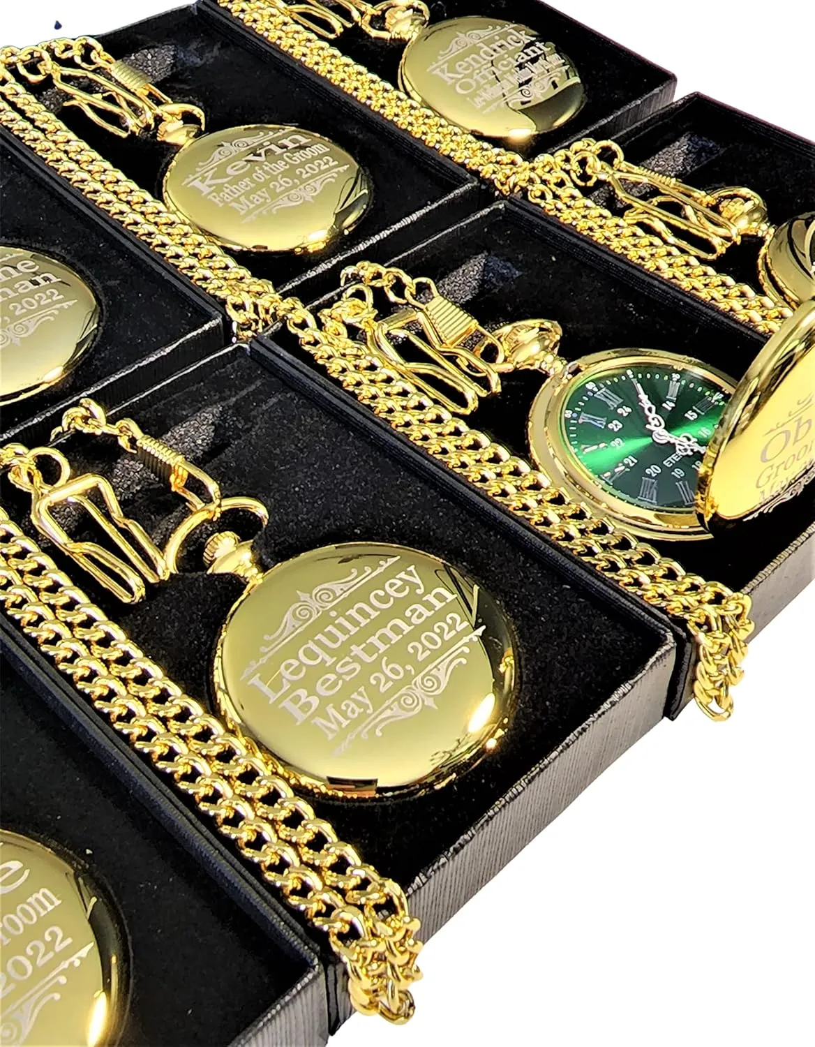 6 Personalized pocket watches, Engraved gift set comes with fitted boxes, chains and engraving. Custom his or her gifts (Black)