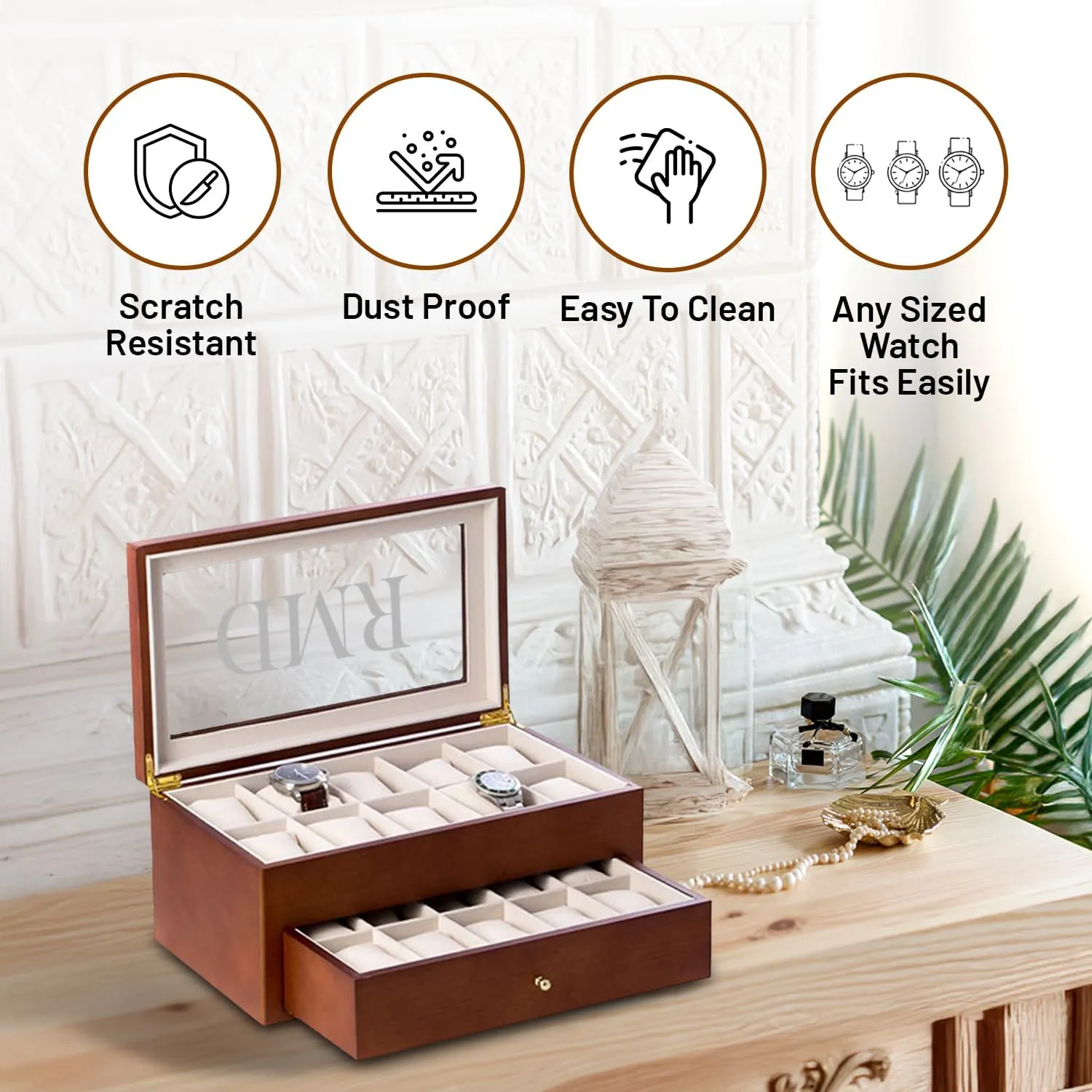 Bey-Berk Custom Personalized 1-48 Slot Watch Box Organizer Solid Wood with Glass Display Top