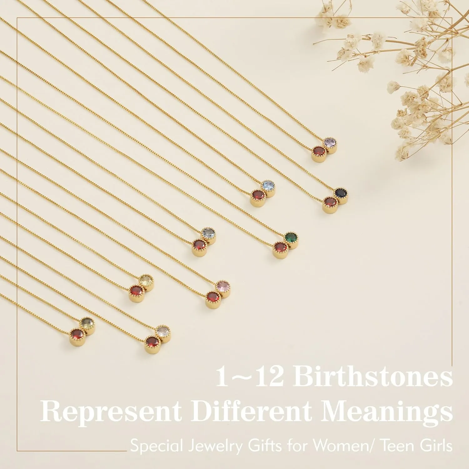 Birthstone Necklace for Women Teen Gifts 14K Gold Plated Necklace with 1-12 Birthstone 16th 18th 21st 30th 50th Birthday Gift for Her Anniversary Friendship Christmas Gifts Jewelry