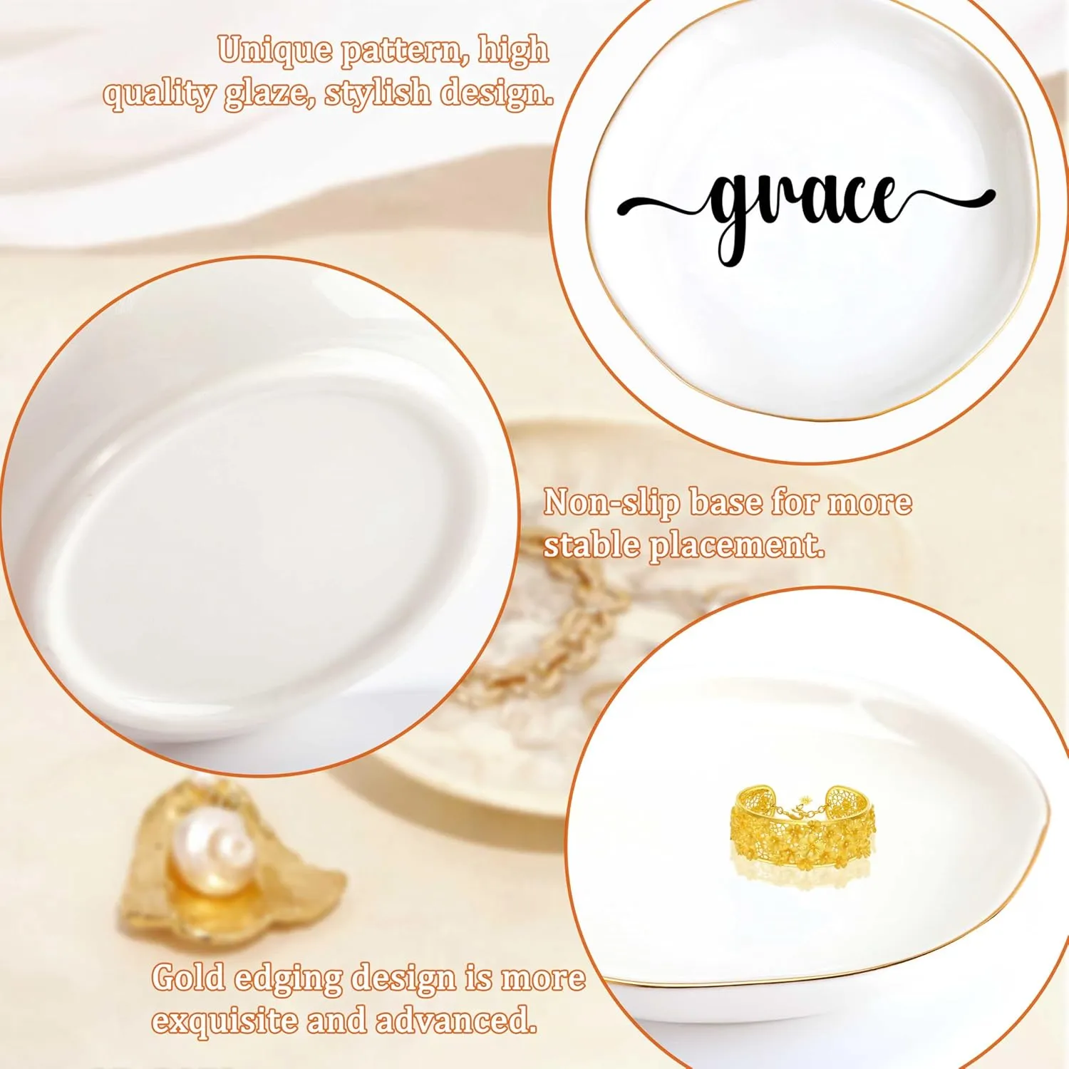 JoycuFF Grace Personalized Name Ceramic Jewelry Tray, Mothers Day Christmas Anniversary Engagement Birthday Gifts for Women Couples, Trinket Dish for Rings Earrings Necklaces Bracelets Keys