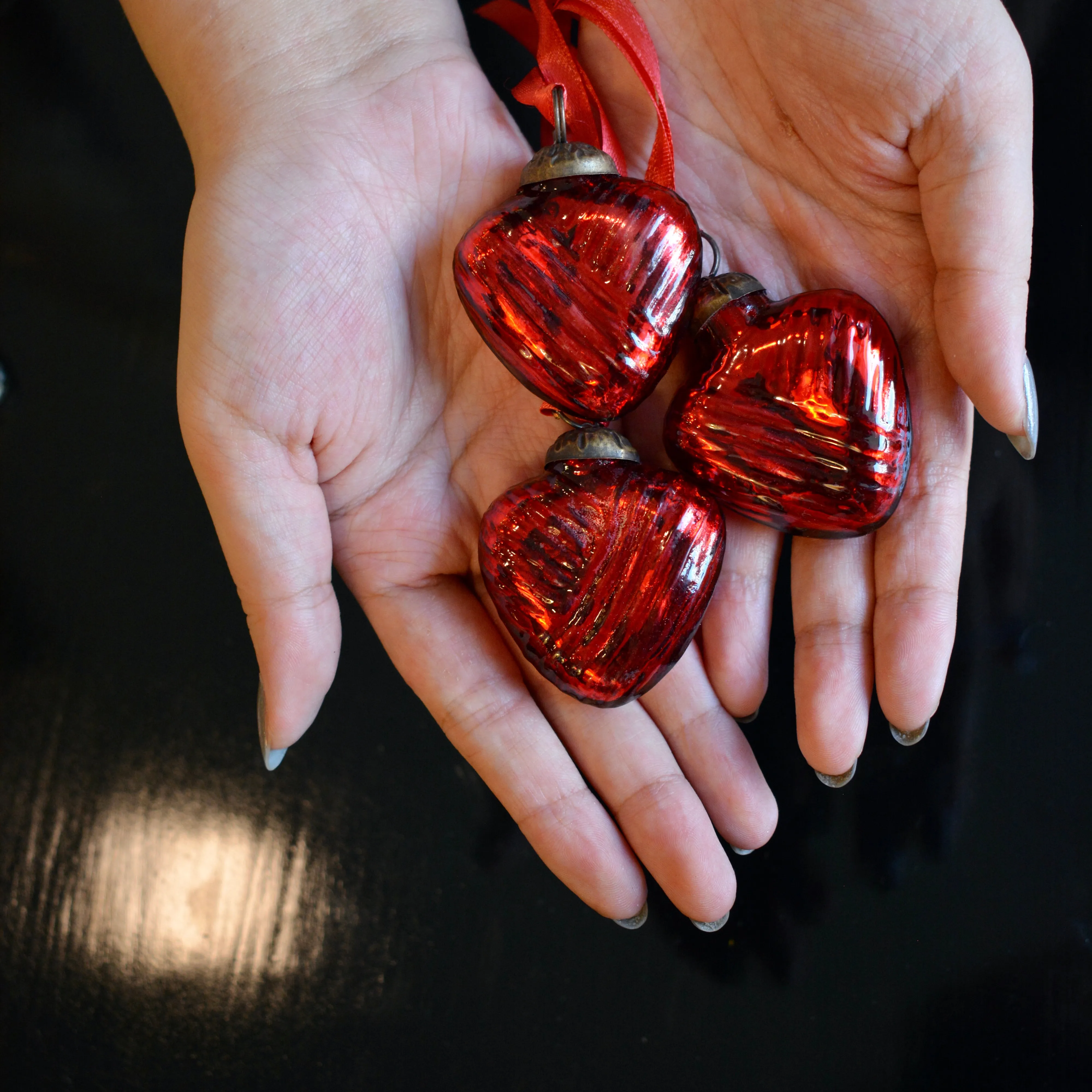 Miniature Red Glass Heart Baubles - Set of 6