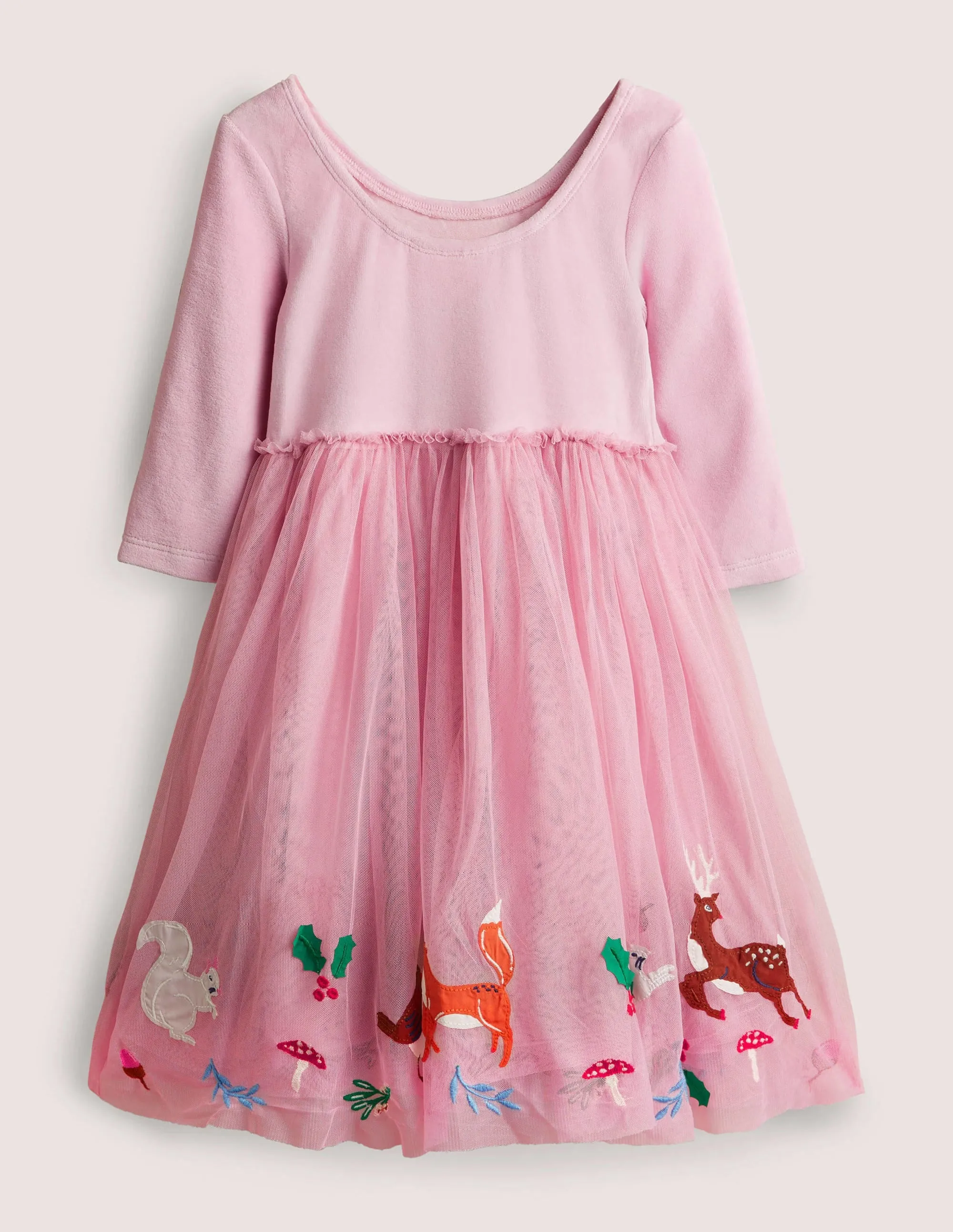 Pink Velvet Bodice Tulle Christmas Party Dress-Cameo Pink Woodland Animals