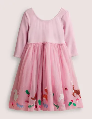 Pink Velvet Bodice Tulle Christmas Party Dress-Cameo Pink Woodland Animals
