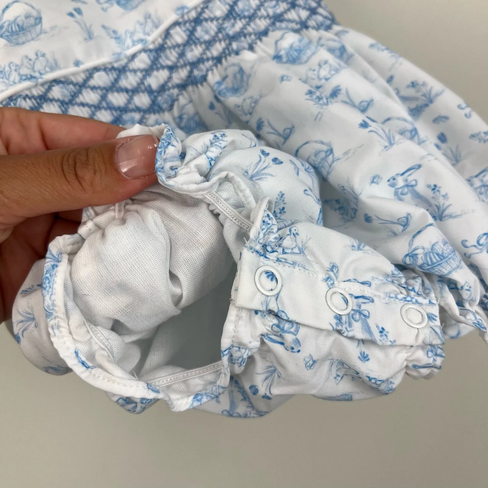 Smockingbird Blue Bunny Toile Smocked Jenny Bubble 6 Months