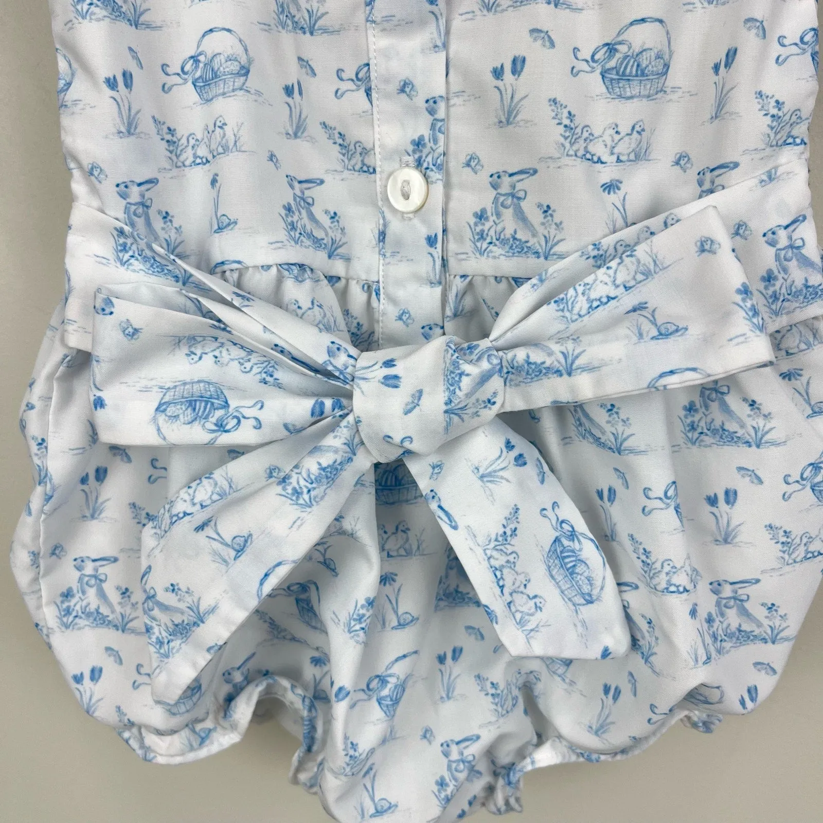 Smockingbird Blue Bunny Toile Smocked Jenny Bubble 6 Months