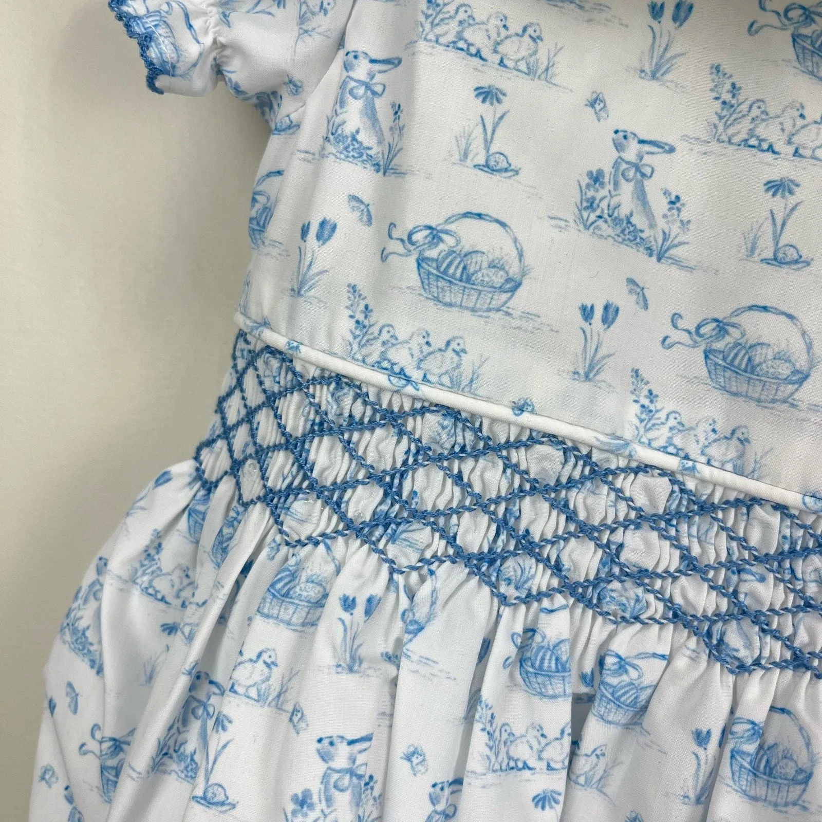 Smockingbird Blue Bunny Toile Smocked Jenny Bubble 6 Months