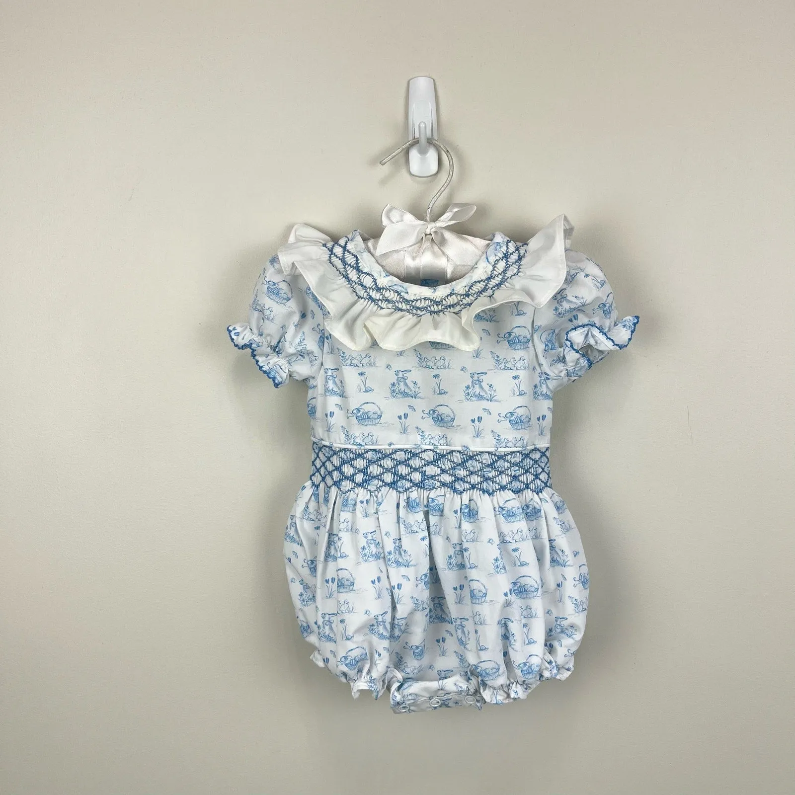 Smockingbird Blue Bunny Toile Smocked Jenny Bubble 6 Months