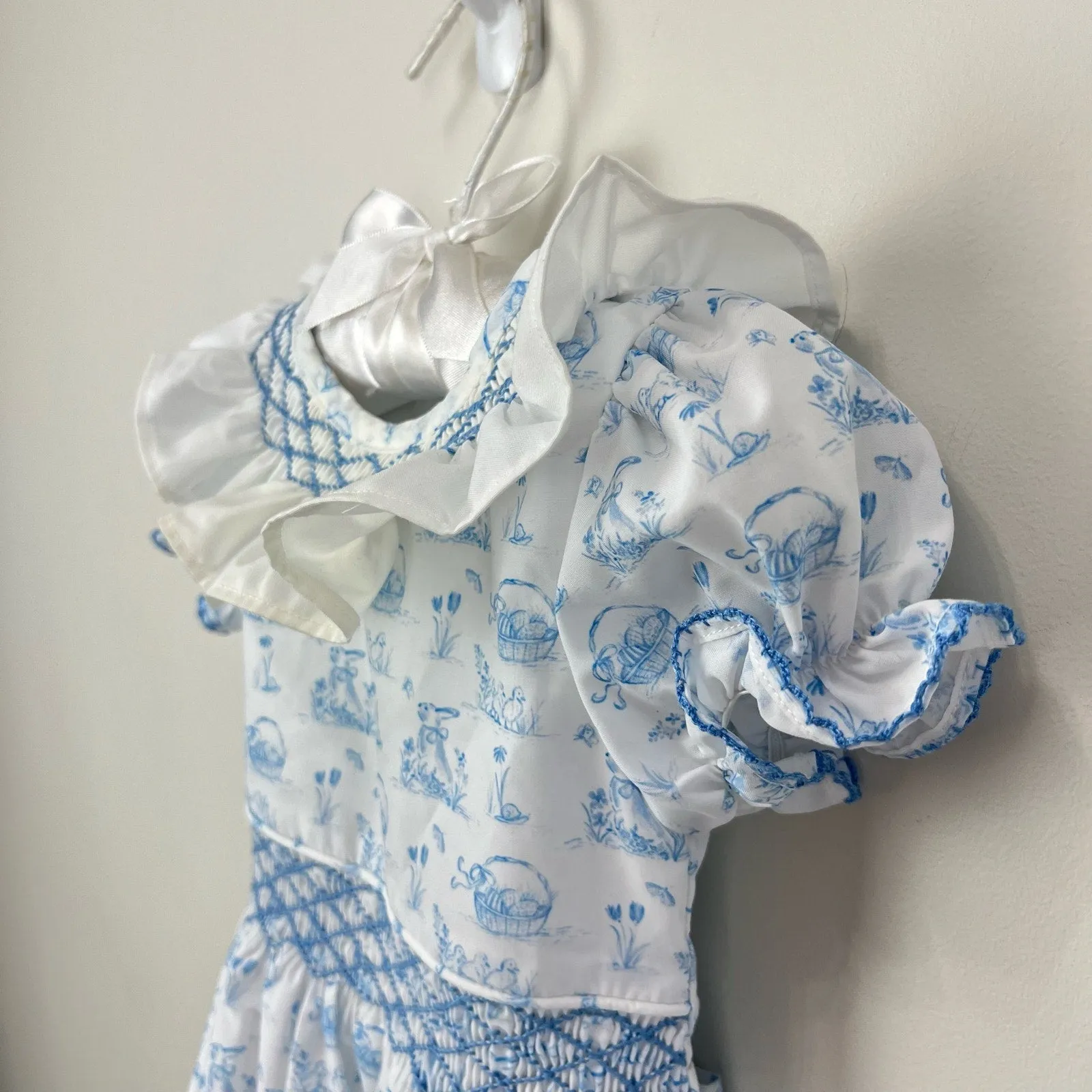Smockingbird Blue Bunny Toile Smocked Jenny Bubble 6 Months