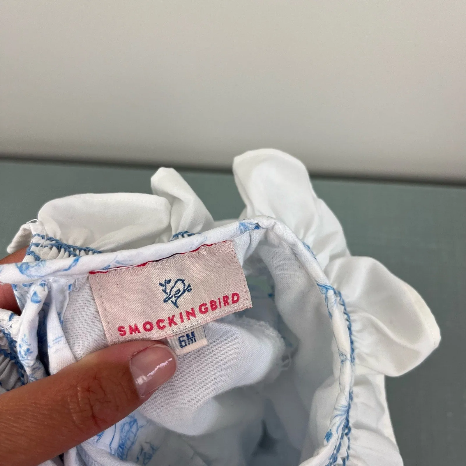 Smockingbird Blue Bunny Toile Smocked Jenny Bubble 6 Months