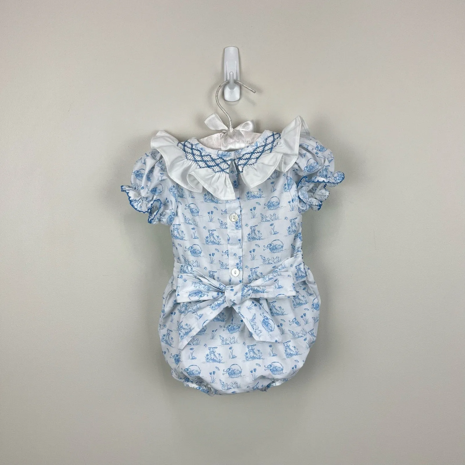 Smockingbird Blue Bunny Toile Smocked Jenny Bubble 6 Months