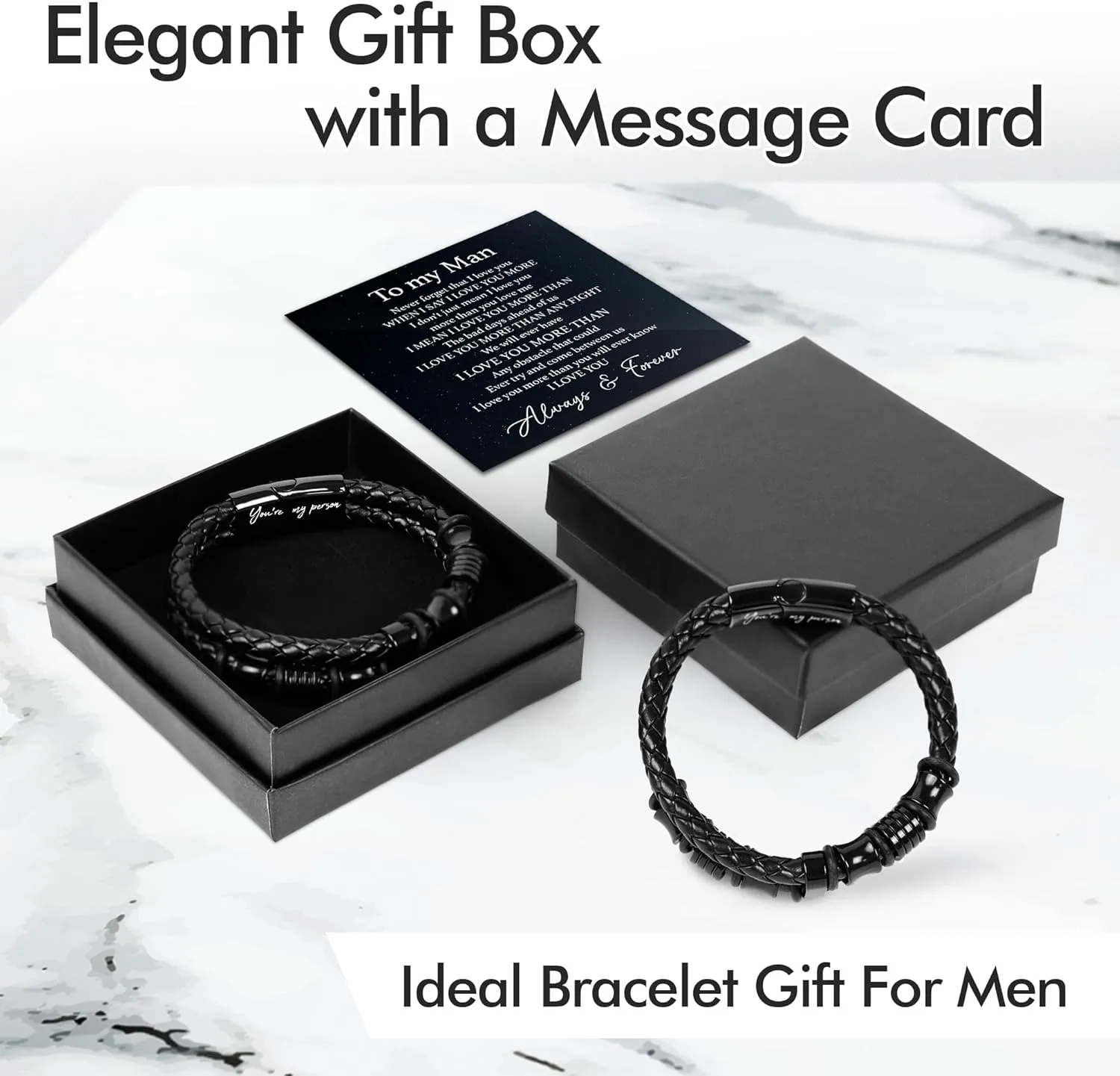 TEEZWONDER Bracelet Gifts For Men Dad - Double-Row Black Braided Leather Bracelet - Christmas Birthday Gifts For Him, Wedding Anniversary Presents for Husband from Wife