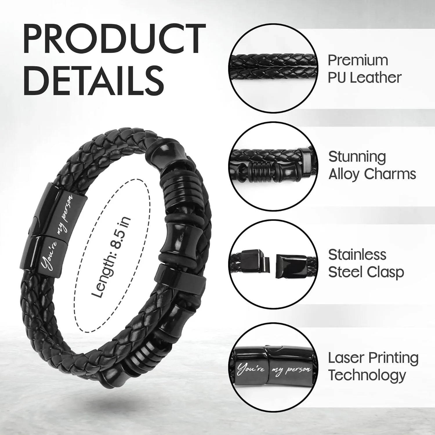 TEEZWONDER Bracelet Gifts For Men Dad - Double-Row Black Braided Leather Bracelet - Christmas Birthday Gifts For Him, Wedding Anniversary Presents for Husband from Wife