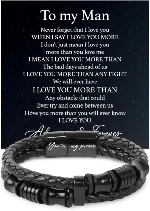 TEEZWONDER Bracelet Gifts For Men Dad - Double-Row Black Braided Leather Bracelet - Christmas Birthday Gifts For Him, Wedding Anniversary Presents for Husband from Wife