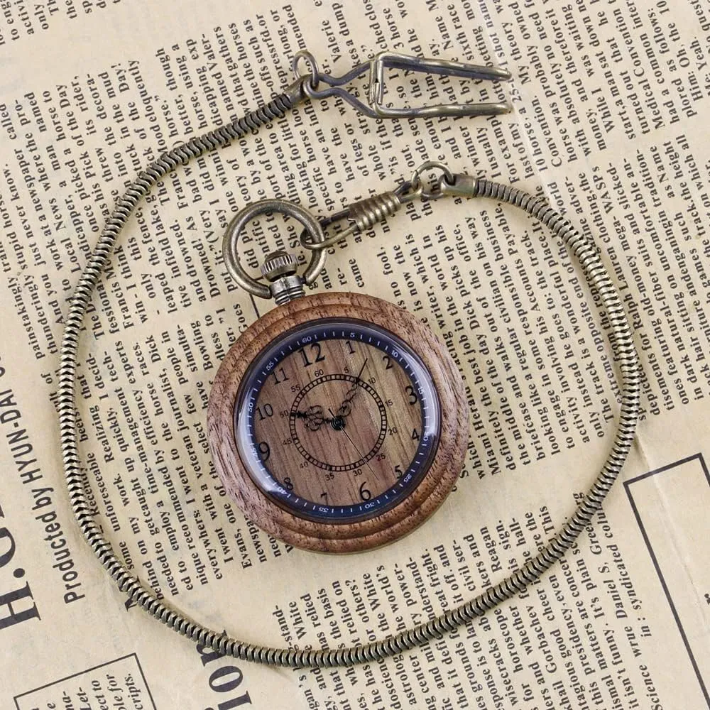 Tiong Wooden Pocket Watch,Customized Wooden Pocket Watches for Men Handmade Bamboo Wood Analog Quartz Custom Pocket Watch with Chain Gift for Father's Day